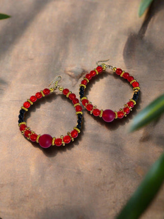 Red and Black Beads Hoop Earrings